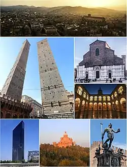Clockwise from top: panorama of Bologna and the surrounding hills; San Petronio Basilica; Archiginnasio of Bologna; Fountain of Neptune; Sanctuary of the Madonna di San Luca; Unipol Tower; and the Two Towers