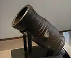 Bombarde-Mortier, La Fère, wrought iron, the second half of the 15th century. Length: 1m, caliber:35cm, weight: 600kg. In this weapon, the powder chamber was cast from molten metal, while the barrel was constructed "à tonoille".