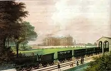 Railway construction as an expression of the Industrial Revolution (here the Bonn-Cölner railway around 1844).