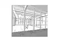 A digital drawing of the view across the courtyard.