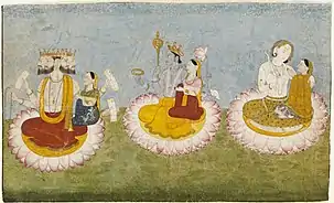 Left: Brahma and Saraswati, Middle: Vishnu and Lakshmi, Right: Shiva and Parvati.