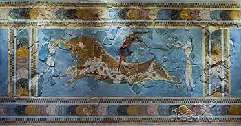 The fresco named the Bull-Leaping Fresco; 1675-1460 BC; lime plaster; height: 0.8 m, width: 1 m; from the palace at Knossos (Crete); Heraklion Archaeological Museum