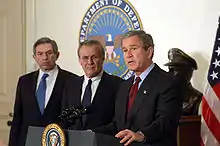 President George W. Bush, Defense Secretary Rumsfeld, and Deputy Secretary Wolfowitz in March 2003