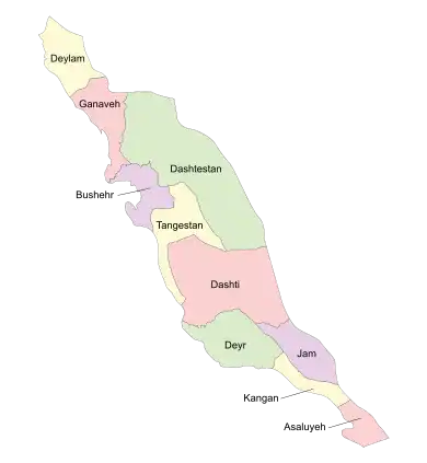 Location of Jam County in&nbsp;Bushehr&nbsp;province (bottom, purple)