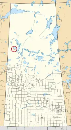 A map of the province of Saskatchewan showing 297 rural municipalities and hundreds of small Indian reserves. One is highlighted with a red circle.