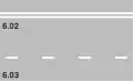 6.02 Double security strip (white, solid) & 6.03 Directing strip (white, broken)6.02 separates driving directions on roads with 3 or more lanes (or expressways); crossing, traversing, or passing over it by vehicles is strictly prohibited6.03 designates either center of carriageway on two-lane roads, or separates lanes; crossing, traversing, passing over for overtaking is allowed; always indicate by flash lights any change of lanes or overtaking manoeuvres (start and end)!