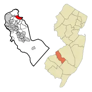 Map of Cherry Hill Mall CDP in Camden County. Inset: Location of Camden County in New Jersey.