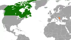 Map indicating locations of Canada and Serbia