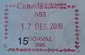 Entry stamp at Dorval International Airport in Montreal, which is Pierre Elliott Trudeau's airport former name. This stamp was used by passport control officers at Canada's international airports.