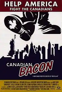 A silhouette of the New York skyline including The Statue of Liberty, above it is a boot with the Canadian maple leaf on the sole