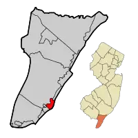 North Wildwood City highlighted in Cape May County. Inset map: Cape May County highlighted in the State of New Jersey.