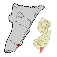 Map of Wildwood in Cape May County. Inset: Location of Cape May County in New Jersey.
