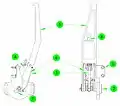 The Capture Latch is a rotating four-bar linkage. Attached to the chassis (1), an actuator (not shown) applies torque to the drive axle (2), rotating the drive arm (3). The arm pushes the “dogleg assembly” (4) around, which torques the outer clevis of the Capture Arm (5). The Capture Arm rotates about the end of the Follower linkage (6), the other end of which rotates about the axle. When deployed, the latch trips a switch (not shown). When fully closed it is locked by a hook (7) passing through the hole (8) in the Capture Arm.