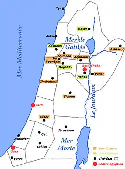 Map of Canaan at Late Bronze Age, established from the Amarna Letters, completed with a petrographic study of the clay and the results of archaeological excavations