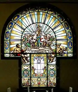 Spectacular stainglass window with an Ancient Greek mythological theme in the Assan House, Bucharest, by Ion D. Berindey, 1914