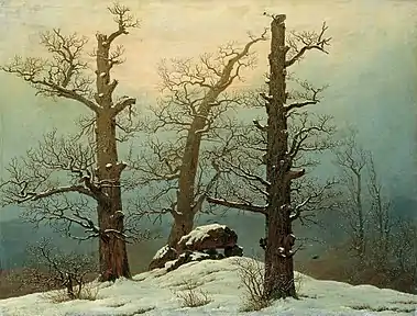 Image 11Cairn in SnowPainting: Caspar David FriedrichCairn in Snow is a landscape painting by Caspar David Friedrich that was completed in 1807. The painting is a Romantic allegorical landscape, showing a pagan burial site between three oaks, near the town Gützkow in Germany. It is held by the Galerie Neue Meister in Dresden, Germany.