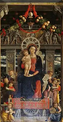 The Virgin Mary in Andrea Mantegna's San Zeno Altarpiece combines pseudo-Arabic halos and garment hems, with a Turkish carpet at her feet (1456–1459).