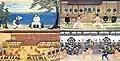 Four pannels ceramic painting showing mythical and historical events with wrestlers shown fighting each others