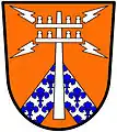 a chevron abased - Tenny, a chevron abased, argent semy de lis azure, overall a telephone pole radiant with four lightning flashes of the second - 302 Signal Battalion, USA