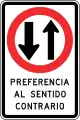 Give preference to vehicles coming from opposite direction (used at traffic bottlenecks)