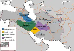 Fragmentation of the territory of the Ilkhanate territory into various polities, including the Jalayirids ( )