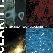 A 2x2 image of 4 different photographs, including inside a body, red fingerprints, light, and the ocean. The words "JIMMY EAT WORLD.CLARITY" can be seen along with the image. The big word "CLARITY." can be seen on the left of the image.