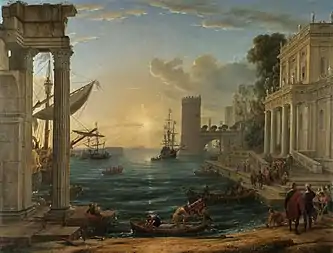 The Embarkation of the Queen of Sheba; by Claude Lorrain; 1648; oil on canvas; 149.1 × 196.7 cm; National Gallery, London