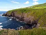 A small sea bay bordered by steep cliffs, which are topped with wild grass. On the opposite side of the bay are some green pastures surrounded by dry stone walls, and a collection of small, brightly coloured houses.