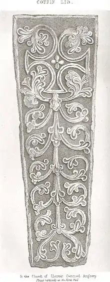 Coffin Lid, Llanfair Cwmmwd, Anglesey. Drawn by Harry Longueville Jones, Arch Camb, 1846 pg 394