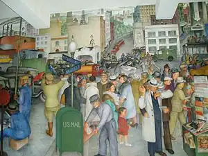 A scene of city life, including a robbery on the bottom right, and a car accident in the center.(Victor Arnautoff, City Life .mw-parser-output .legend{page-break-inside:avoid;break-inside:avoid-column}.mw-parser-output .legend-color{display:inline-block;min-width:1.25em;height:1.25em;line-height:1.25;margin:1px 0;text-align:center;border:1px solid black;background-color:transparent;color:black}.mw-parser-output .legend-text{}&nbsp;9&nbsp;)