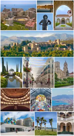Top: Malagueta Bullring Stadium, Night view of Málaga Port, Statue of Cenachero, Patio de los Naranjos (inside the Alcazaba of Málaga), Second: Alcazaba of Málaga, Third: La Concepción Botanical Garden (Jardín Botánico de La Concepción), Calle Marqués de Larios, Málaga Cathedral, Fourth: Cervantes Theater (Teatro de Cervantes), Atarazanas Market (Mercado de Atarazanas), Panoramic view of Málaga Bay, from Sierra de Mijas, Bottom: Málaga Pompidou Center Centro Pompidou de Málaga, La Caleta Beach (Playa de la Caleta), Málaga Picasso Museum (all items left to right)