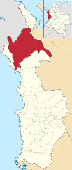 Location of the municipality and town of Riosucio in the Chocó Department of Colombia.