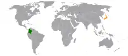 Map indicating locations of Colombia and Japan