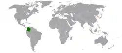 Map indicating locations of Colombia and South Korea