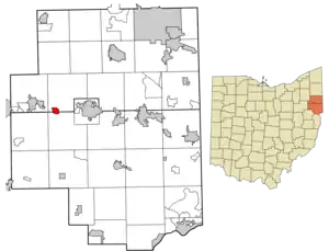 Location of Damascus in Mahoning and Columbiana counties and in the State of Ohio