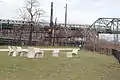 Reading circle, with Westchester Avenue station ruin and a New York City Subway train on 6 train service in the background