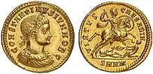 Aureus of Constantine II as caesar, marked: .mw-parser-output span.smallcaps{font-variant:small-caps}.mw-parser-output span.smallcaps-smaller{font-size:85%}constantinus iun· nob· c· ("Constantine Junior, Noblest Caesar") on the obverse and .mw-parser-output span.smallcaps{font-variant:small-caps}.mw-parser-output span.smallcaps-smaller{font-size:85%}virtus caesar n· ("the Virtue of Our Caesar") on the reverse
