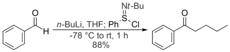 Benzaldehyde and n-butyllithium react to give a secondary alkoxide, which reacts with N-tert-butylbenzenesulfinimidoyl chloride to give a ketone.