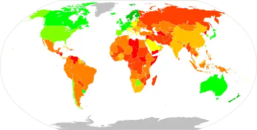 Image 21A map depicting Corruption Perceptions Index in the world in 2022; a higher score indicates lower levels of corruption..mw-parser-output .legend{page-break-inside:avoid;break-inside:avoid-column}.mw-parser-output .legend-color{display:inline-block;min-width:1.25em;height:1.25em;line-height:1.25;margin:1px 0;text-align:center;border:1px solid black;background-color:transparent;color:black}.mw-parser-output .legend-text{}&nbsp;&nbsp;100 – 90.mw-parser-output .legend{page-break-inside:avoid;break-inside:avoid-column}.mw-parser-output .legend-color{display:inline-block;min-width:1.25em;height:1.25em;line-height:1.25;margin:1px 0;text-align:center;border:1px solid black;background-color:transparent;color:black}.mw-parser-output .legend-text{}&nbsp;&nbsp;89 – 80.mw-parser-output .legend{page-break-inside:avoid;break-inside:avoid-column}.mw-parser-output .legend-color{display:inline-block;min-width:1.25em;height:1.25em;line-height:1.25;margin:1px 0;text-align:center;border:1px solid black;background-color:transparent;color:black}.mw-parser-output .legend-text{}&nbsp;&nbsp;79 – 70.mw-parser-output .legend{page-break-inside:avoid;break-inside:avoid-column}.mw-parser-output .legend-color{display:inline-block;min-width:1.25em;height:1.25em;line-height:1.25;margin:1px 0;text-align:center;border:1px solid black;background-color:transparent;color:black}.mw-parser-output .legend-text{}&nbsp;&nbsp;69 – 60.mw-parser-output .legend{page-break-inside:avoid;break-inside:avoid-column}.mw-parser-output .legend-color{display:inline-block;min-width:1.25em;height:1.25em;line-height:1.25;margin:1px 0;text-align:center;border:1px solid black;background-color:transparent;color:black}.mw-parser-output .legend-text{}&nbsp;&nbsp;59 – 50.mw-parser-output .legend{page-break-inside:avoid;break-inside:avoid-column}.mw-parser-output .legend-color{display:inline-block;min-width:1.25em;height:1.25em;line-height:1.25;margin:1px 0;text-align:center;border:1px solid black;background-color:transparent;color:black}.mw-parser-output .legend-text{}&nbsp;&nbsp;49 – 40.mw-parser-output .legend{page-break-inside:avoid;break-inside:avoid-column}.mw-parser-output .legend-color{display:inline-block;min-width:1.25em;height:1.25em;line-height:1.25;margin:1px 0;text-align:center;border:1px solid black;background-color:transparent;color:black}.mw-parser-output .legend-text{}&nbsp;&nbsp;39 – 30.mw-parser-output .legend{page-break-inside:avoid;break-inside:avoid-column}.mw-parser-output .legend-color{display:inline-block;min-width:1.25em;height:1.25em;line-height:1.25;margin:1px 0;text-align:center;border:1px solid black;background-color:transparent;color:black}.mw-parser-output .legend-text{}&nbsp;&nbsp;29 – 20.mw-parser-output .legend{page-break-inside:avoid;break-inside:avoid-column}.mw-parser-output .legend-color{display:inline-block;min-width:1.25em;height:1.25em;line-height:1.25;margin:1px 0;text-align:center;border:1px solid black;background-color:transparent;color:black}.mw-parser-output .legend-text{}&nbsp;&nbsp;19 – 10.mw-parser-output .legend{page-break-inside:avoid;break-inside:avoid-column}.mw-parser-output .legend-color{display:inline-block;min-width:1.25em;height:1.25em;line-height:1.25;margin:1px 0;text-align:center;border:1px solid black;background-color:transparent;color:black}.mw-parser-output .legend-text{}&nbsp;&nbsp;9 – 0.mw-parser-output .legend{page-break-inside:avoid;break-inside:avoid-column}.mw-parser-output .legend-color{display:inline-block;min-width:1.25em;height:1.25em;line-height:1.25;margin:1px 0;text-align:center;border:1px solid black;background-color:transparent;color:black}.mw-parser-output .legend-text{}&nbsp;&nbsp;No data (from Political corruption)