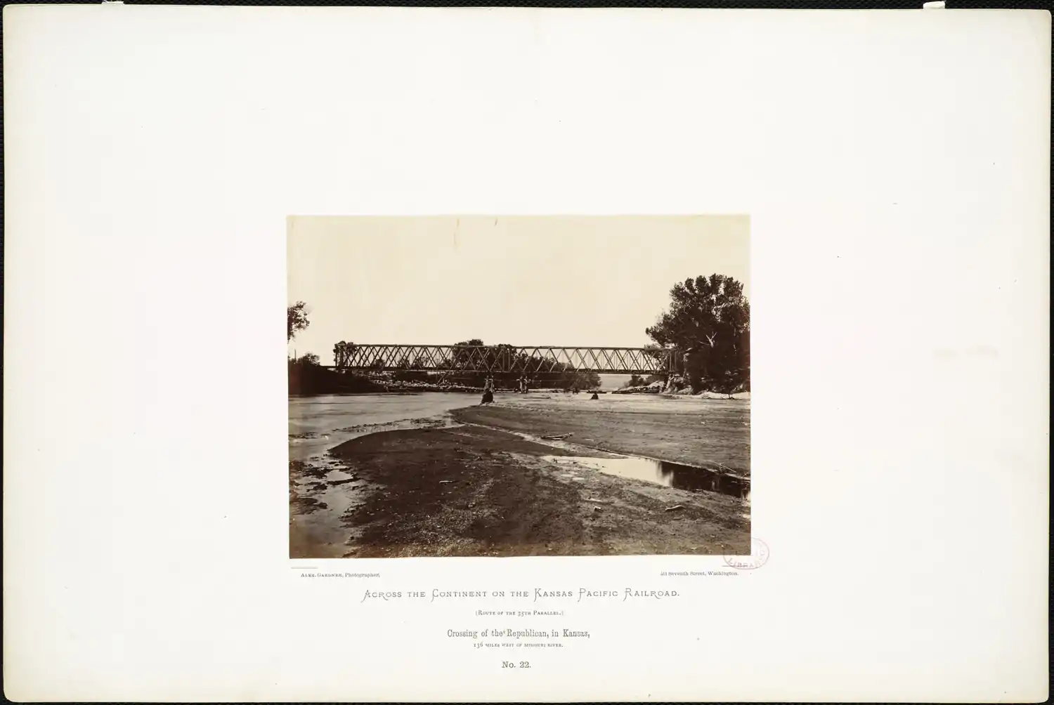 The Kansas Pacific Railway bridge across the Republican River and behind that, a pontoon bridge. [ Alexander Gardner (photographer), 1867].mw-parser-output cite.citation{font-style:inherit;word-wrap:break-word}.mw-parser-output .citation q{quotes:"\"""\"""'""'"}.mw-parser-output .citation:target{background-color:rgba(0,127,255,0.133)}.mw-parser-output .id-lock-free a,.mw-parser-output .citation .cs1-lock-free a{background:url("//upload.wikimedia.org/wikipedia/commons/6/65/Lock-green.svg")right 0.1em center/9px no-repeat}.mw-parser-output .id-lock-limited a,.mw-parser-output .id-lock-registration a,.mw-parser-output .citation .cs1-lock-limited a,.mw-parser-output .citation .cs1-lock-registration a{background:url("//upload.wikimedia.org/wikipedia/commons/d/d6/Lock-gray-alt-2.svg")right 0.1em center/9px no-repeat}.mw-parser-output .id-lock-subscription a,.mw-parser-output .citation .cs1-lock-subscription a{background:url("//upload.wikimedia.org/wikipedia/commons/a/aa/Lock-red-alt-2.svg")right 0.1em center/9px no-repeat}.mw-parser-output .cs1-ws-icon a{background:url("//upload.wikimedia.org/wikipedia/commons/4/4c/Wikisource-logo.svg")right 0.1em center/12px no-repeat}.mw-parser-output .cs1-code{color:inherit;background:inherit;border:none;padding:inherit}.mw-parser-output .cs1-hidden-error{display:none;color:#d33}.mw-parser-output .cs1-visible-error{color:#d33}.mw-parser-output .cs1-maint{display:none;color:#3a3;margin-left:0.3em}.mw-parser-output .cs1-format{font-size:95%}.mw-parser-output .cs1-kern-left{padding-left:0.2em}.mw-parser-output .cs1-kern-right{padding-right:0.2em}.mw-parser-output .citation .mw-selflink{font-weight:inherit}Alex. Gardner, photographer. Crossing of the Republican, in Kansas, 136 miles west of Missouri River. Across the continent on the Kansas Pacific Railroad: route of the 35th parallel. 1869 (approximate). {{cite AV media}}: |access-date= requires