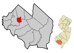 Map of Bridgeton highlighted within Cumberland County. Right: Location of Cumberland County in New Jersey.