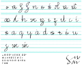 Handwritten cursive alphabet written in black on cyan lines