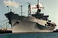 Port bow view of Blue Ridge showing the hurricane bow, CIWS as well as many of the legacy antennas, gun mount and missile launcher, 1992.