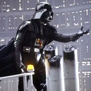 The final design of the Darth Vader helmet and costume (seen here in The Empire Strikes Back, 1980)