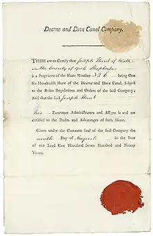 Founder's certificate of the Dearne and Dove Canal Company for one six hundredth share of the canal, issued on 9 August 1793 when the peak of the "canal mania" had already been passed