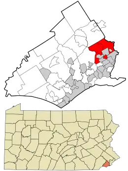 Location in Delaware County and the state of Pennsylvania.