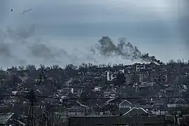 View of Bakhmut after Russian shelling in February 2023