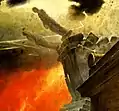 Statues topple from their pedestals showing the sublime power of nature over man.