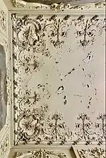 Rococo Revival stucco with cartouches in the corners, on a ceiling of the Cantacuzino Palace, Bucharest