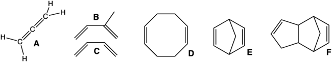 Structure of various alkadienes (also called dienes or diolefins)